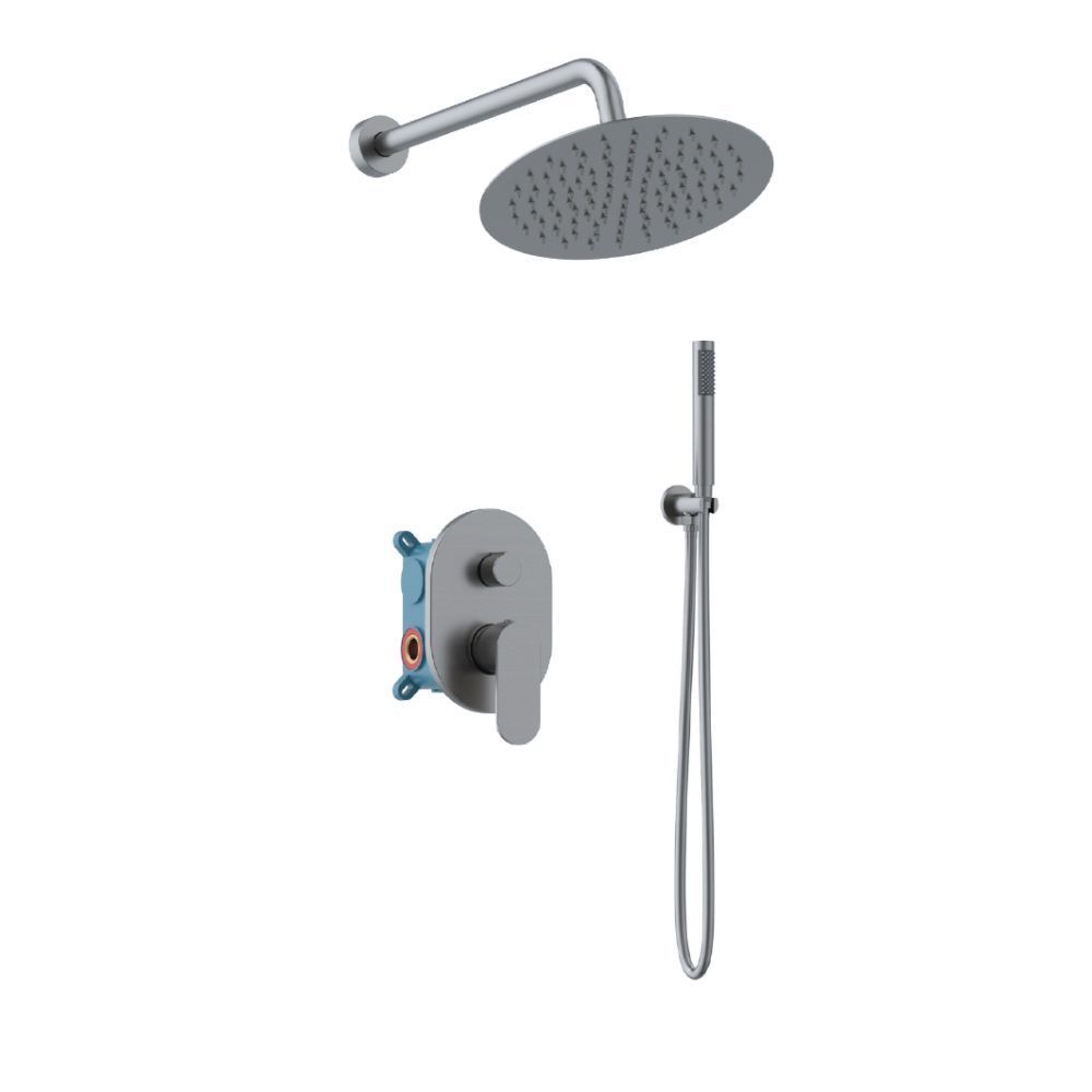 Orabella Aspen Gun metal light - Shower set εντοιχισμού με Μπαταρία λουτρού, εντοιχισμού 2 σημείων, κεφαλή Φ250 με βραχίονα και τηλέφωνο ντουζ με σπιράλ και επιτοίχειο στήριγμα