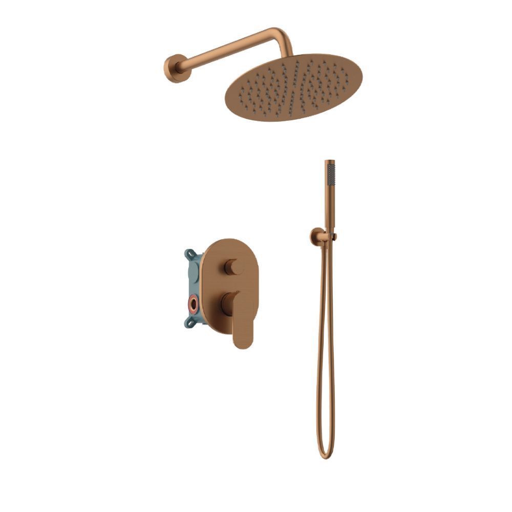 Orabella Aspen Rose gold - Shower set εντοιχισμού με Μπαταρία λουτρού, εντοιχισμού 2 σημείων, κεφαλή Φ250 με βραχίονα και τηλέφωνο ντουζ με σπιράλ και επιτοίχειο στήριγμα