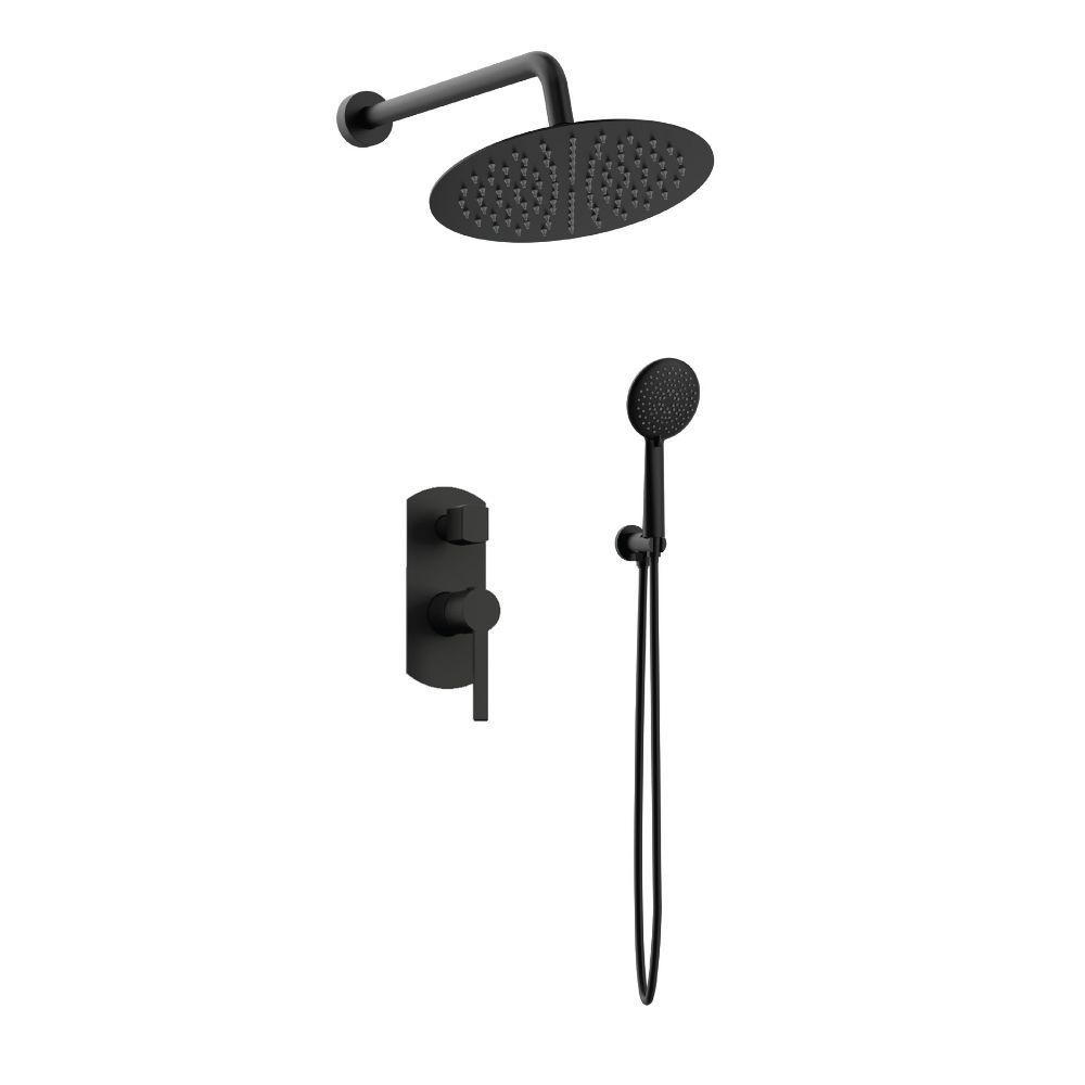 Orabella Elegance Black matt - Shower set εντοιχισμού με Μπαταρία λουτρού, εντοιχισμού 2 σημείων, κεφαλή Φ250 με βραχίονα και τηλέφωνο ντουζ με σπιράλ και επιτοίχειο στήριγμα