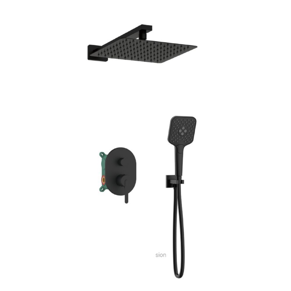 Orabella Marea Black matt - Concealed Shower set with a concealed 2 way bath shower mixer, a shower head 250X250 with an extention arm and a raindance 5 function hand shower with a flex hose and a shower holder
