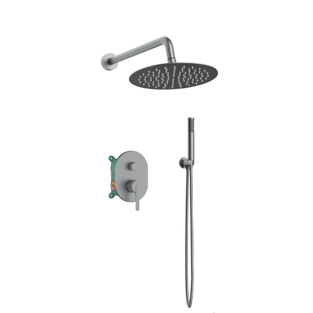 Orabella Marea Gun metal light - Shower set εντοιχισμού με Μπαταρία λουτρού, εντοιχισμού 2 σημείων, κεφαλή Φ250 με βραχίονα και τηλέφωνο ντουζ με σπιράλ και επιτοίχειο στήριγμα