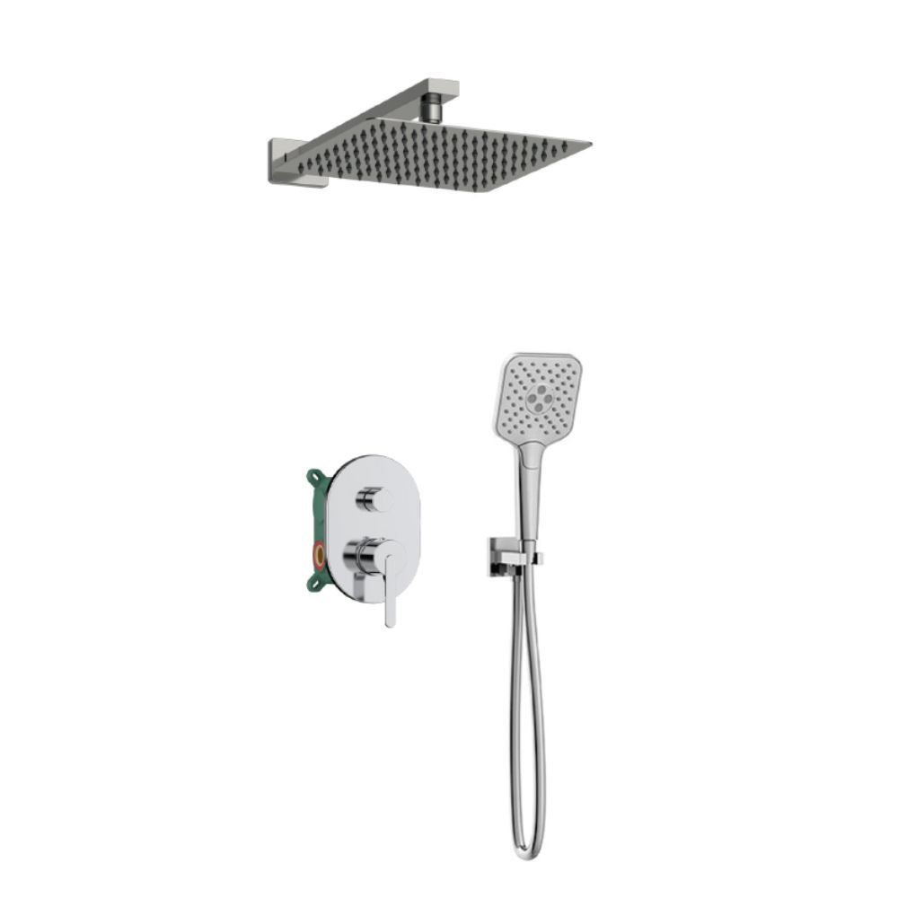 Orabella Marea - Shower set εντοιχισμού με Μπαταρία λουτρού, εντοιχισμού 2 σημείων, κεφαλή 250x250 με βραχίονα και τηλέφωνο ντουζ με σπιράλ και επιτοίχειο στήριγμα C/B