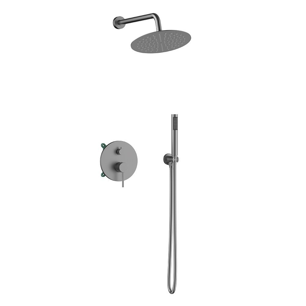 Orabella Preciosa Gun metal light - Shower set εντοιχισμού με Μπαταρία λουτρού, εντοιχισμού 2 σημείων, κεφαλή Φ250 με βραχίονα και τηλέφωνο ντουζ με σπιράλ και επιτοίχειο στήριγμα