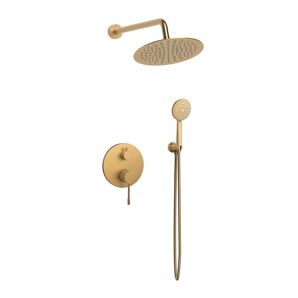 Orabella Terra Brushed gold - Shower set εντοιχισμού με Μπαταρία λουτρού, εντοιχισμού 2 σημείων, κεφαλή Φ250 με βραχίονα και τηλέφωνο ντουζ με σπιράλ και επιτοίχειο στήριγμα