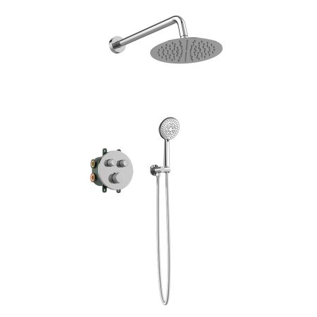 Orabella Terra|Preciosa - Brazen thermostatic, press button shower set with a circular shower head Ø250 +2 colors